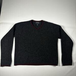 Vtg Y2K American Eagle Vneck Sweater Women M 100% Wool Knit Gray Red Rolled Hem